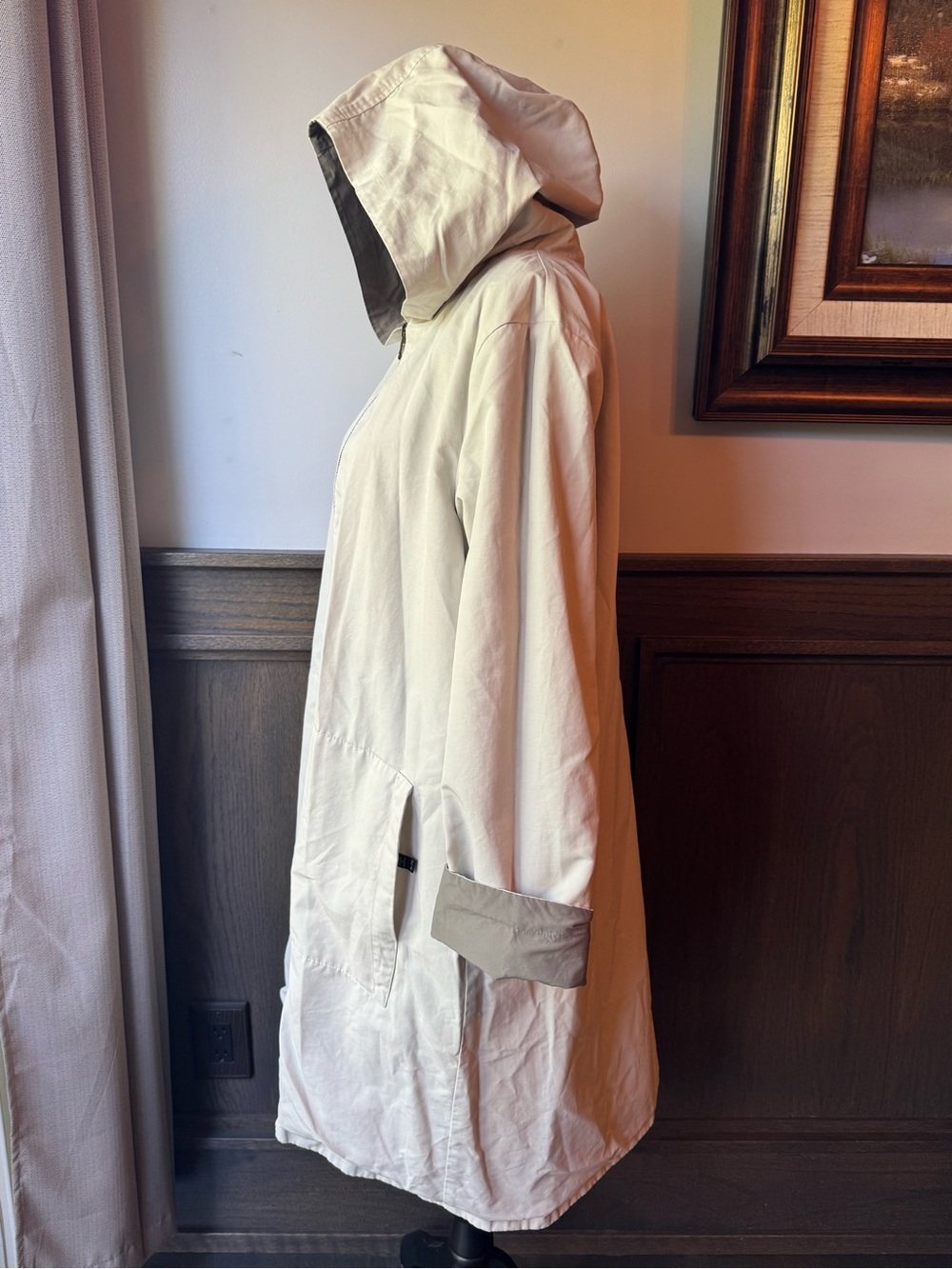 Eileen Fisher cream & gray reversible Hooded Trench Coat - Picture 4 of 10
